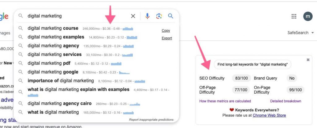 Keywords Everywhere widget keyword difficulty metrics.