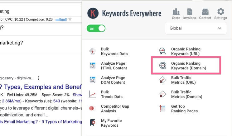 Keywords Everywhere's feature Organic Ranking Keywords (Domain)