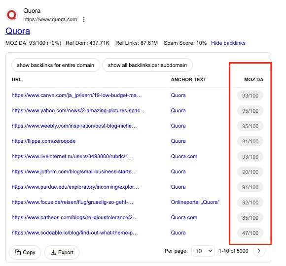 domain authority score next to all the referring domains