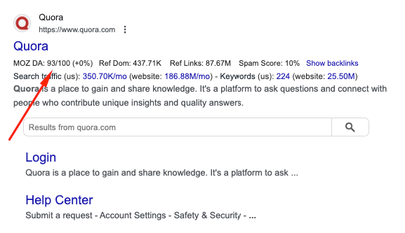 domain authority link metric on SERPs