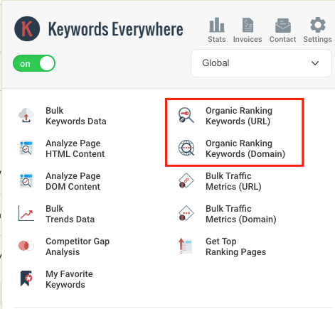 Organic Ranking Keyword (URL) and Organic Ranking Keyword (Domain).