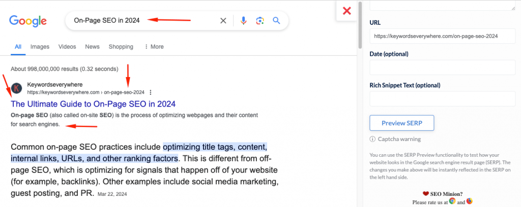 SERP preview tool in action